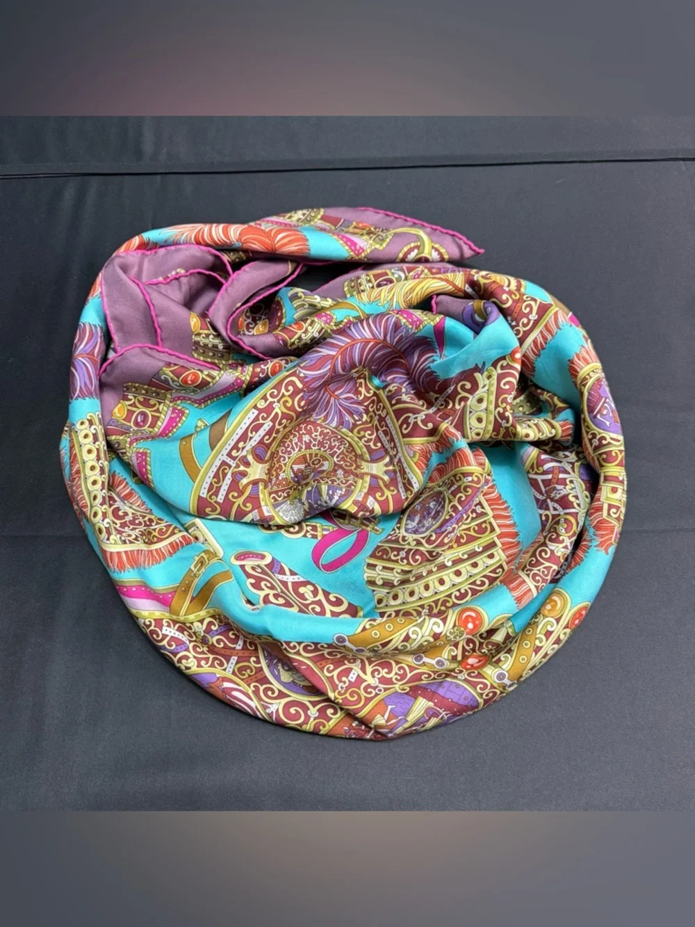 Hermes Silk Scarf Sous Le Gide De Mars Armor Purple Teal Gold Authentic - Picture 11 of 12